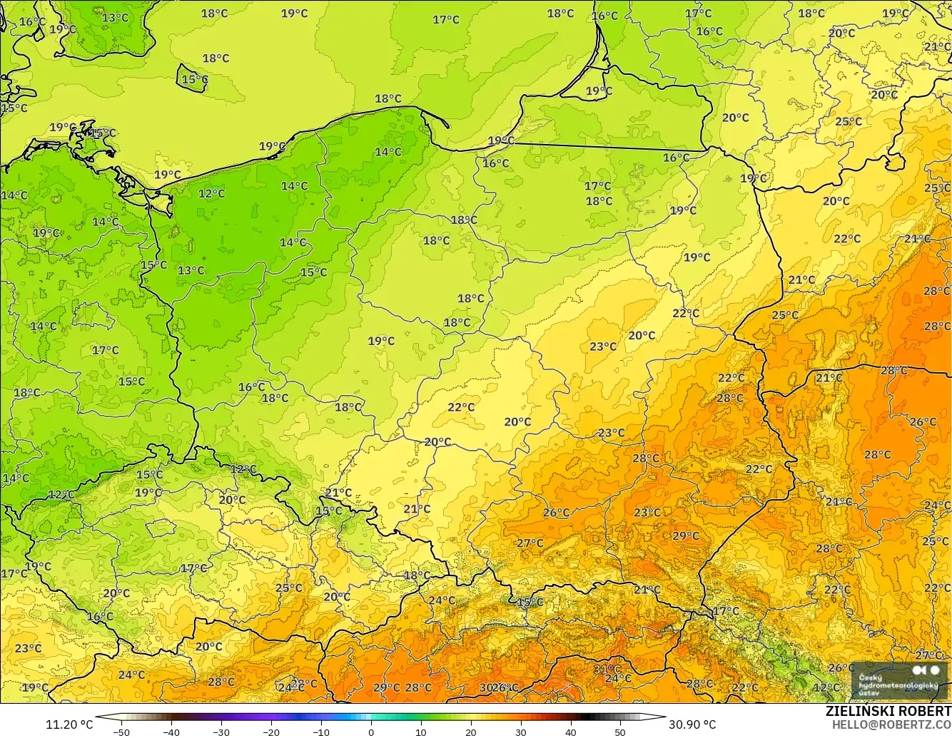 ALADIN CZ 2.3 km model - Polska, Temperatura na 2 m