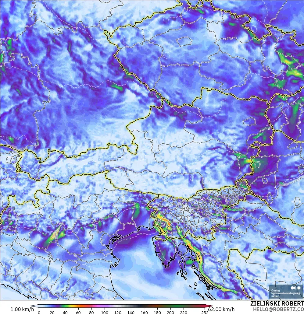 ALADIN CZ 2.3 km model - Austria, Maksymalne Porywy Wiatru