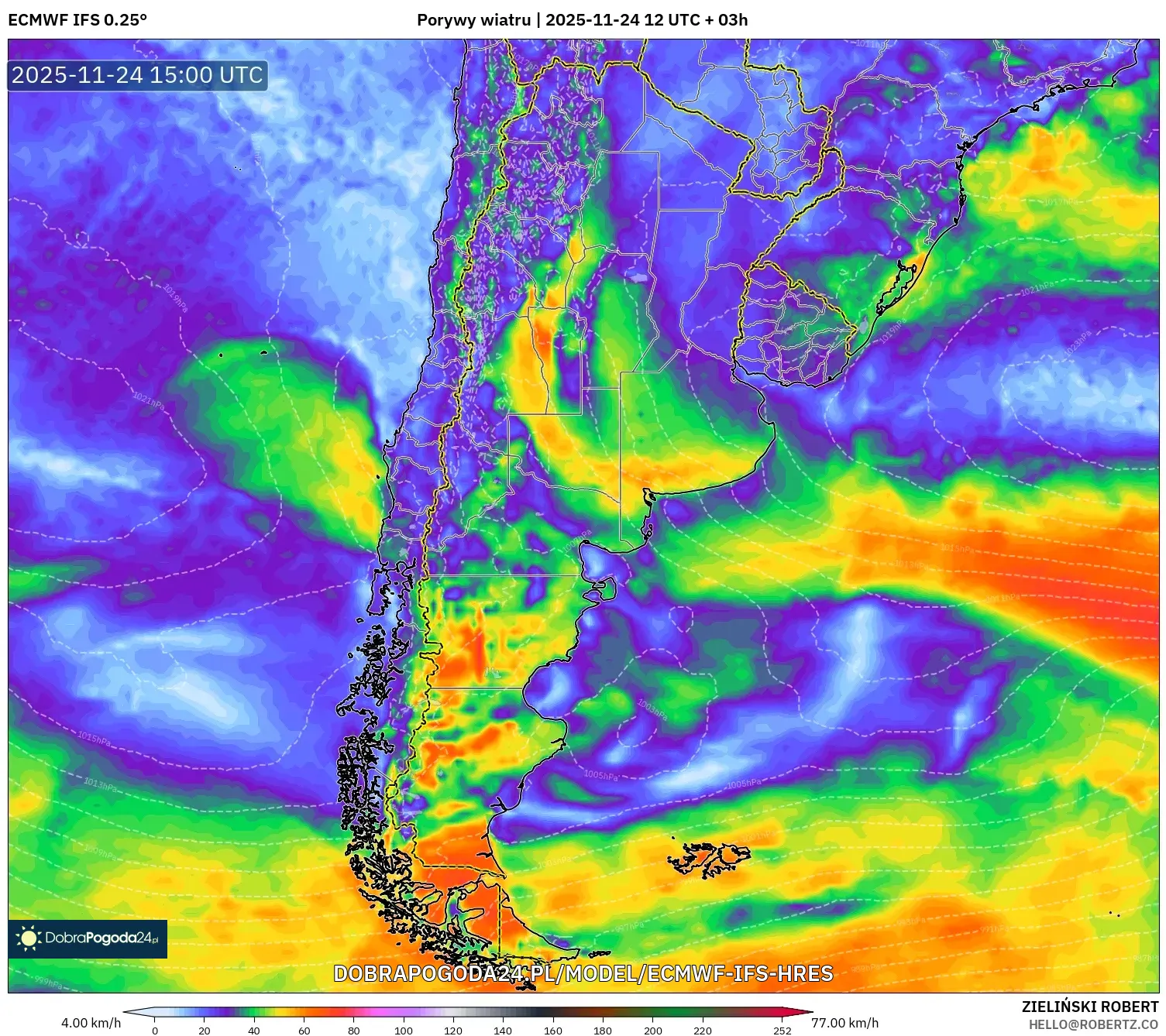 ECMWF IFS 0.25° model - Argentyna, Porywy wiatru