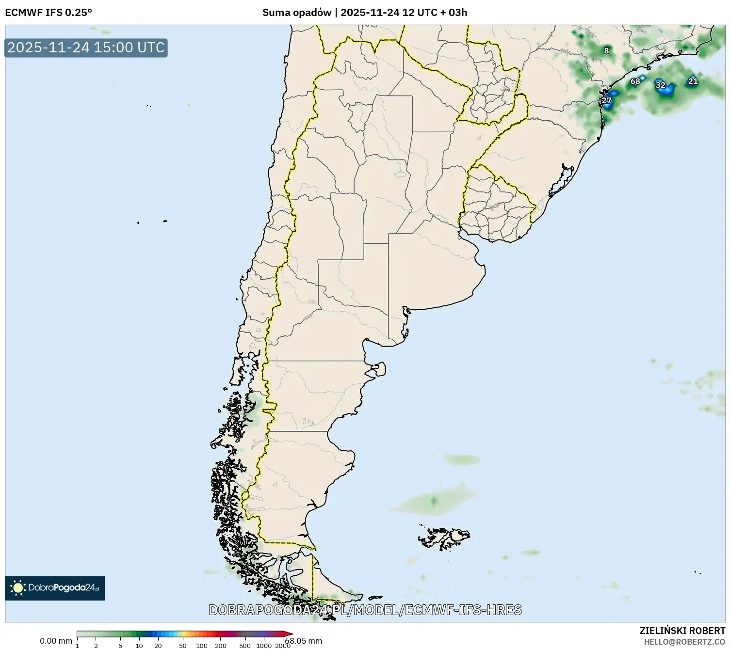 ECMWF IFS 0.25° model - Argentyna, Suma opadów