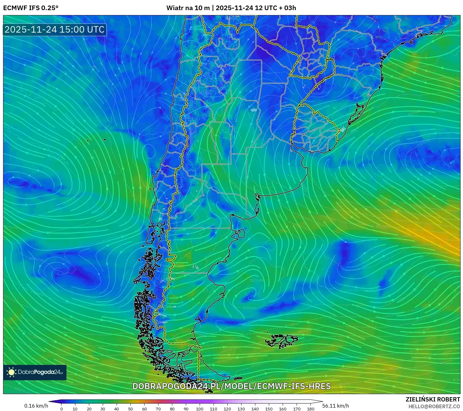ECMWF IFS 0.25° model - Argentyna, Wiatr na 10 m