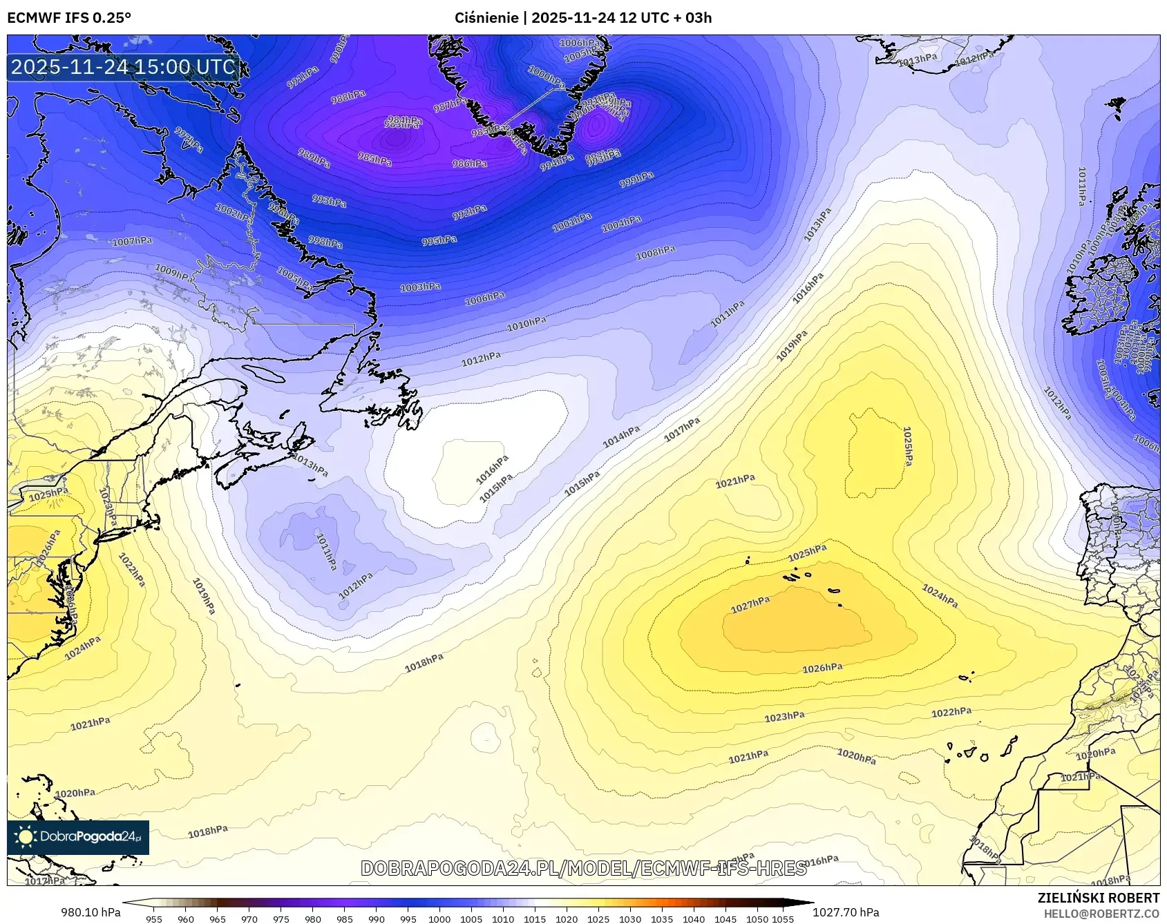 ECMWF IFS 0.25° model - Atlantyk Północny, Ciśnienie