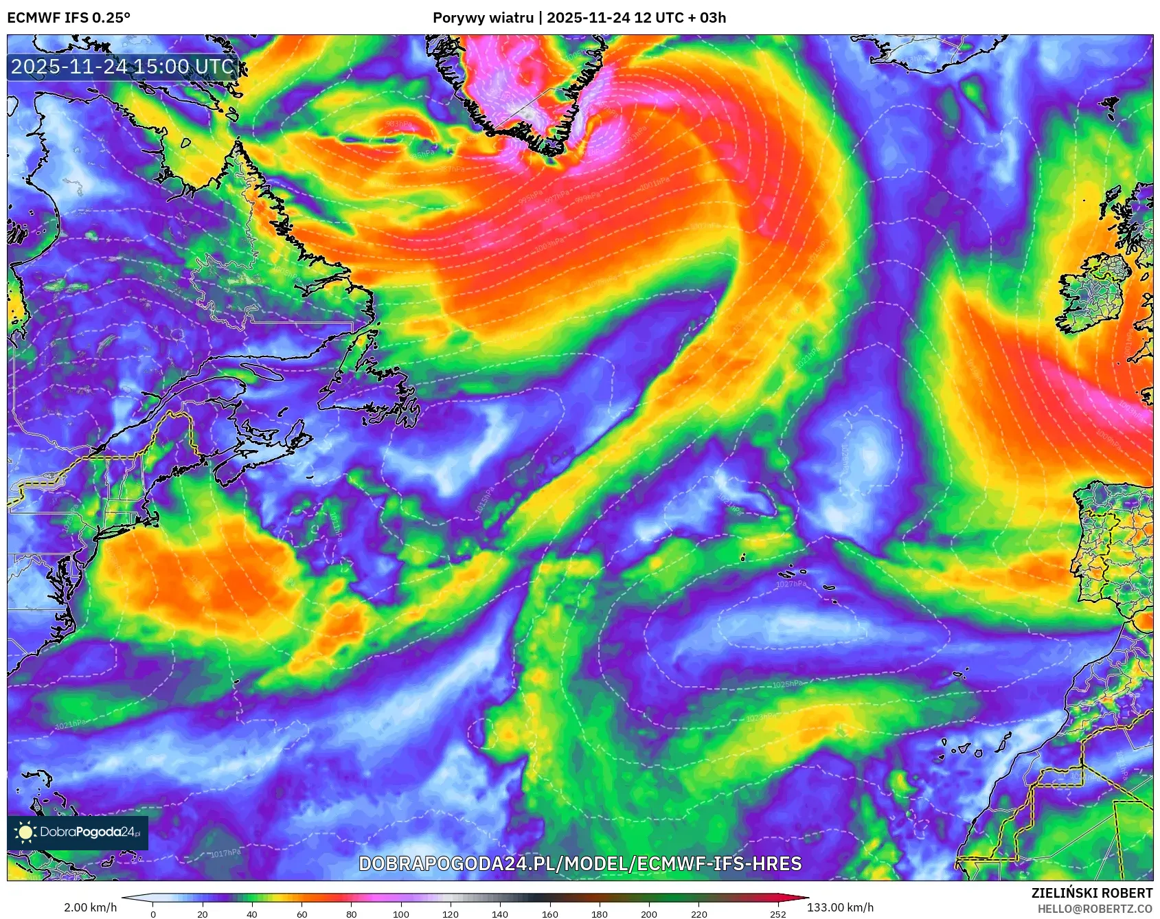 ECMWF IFS 0.25° model - Atlantyk Północny, Porywy wiatru