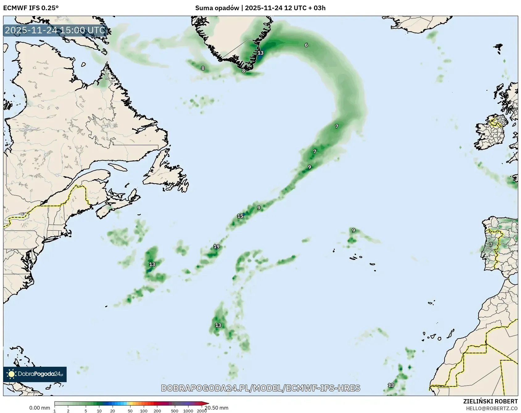 ECMWF IFS 0.25° model - Atlantyk Północny, Suma opadów