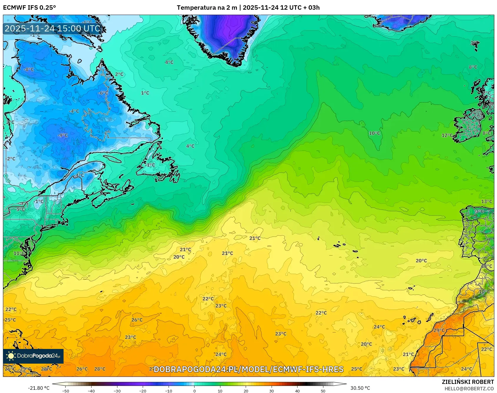 ECMWF IFS 0.25° model - Atlantyk Północny, Temperatura na 2 m