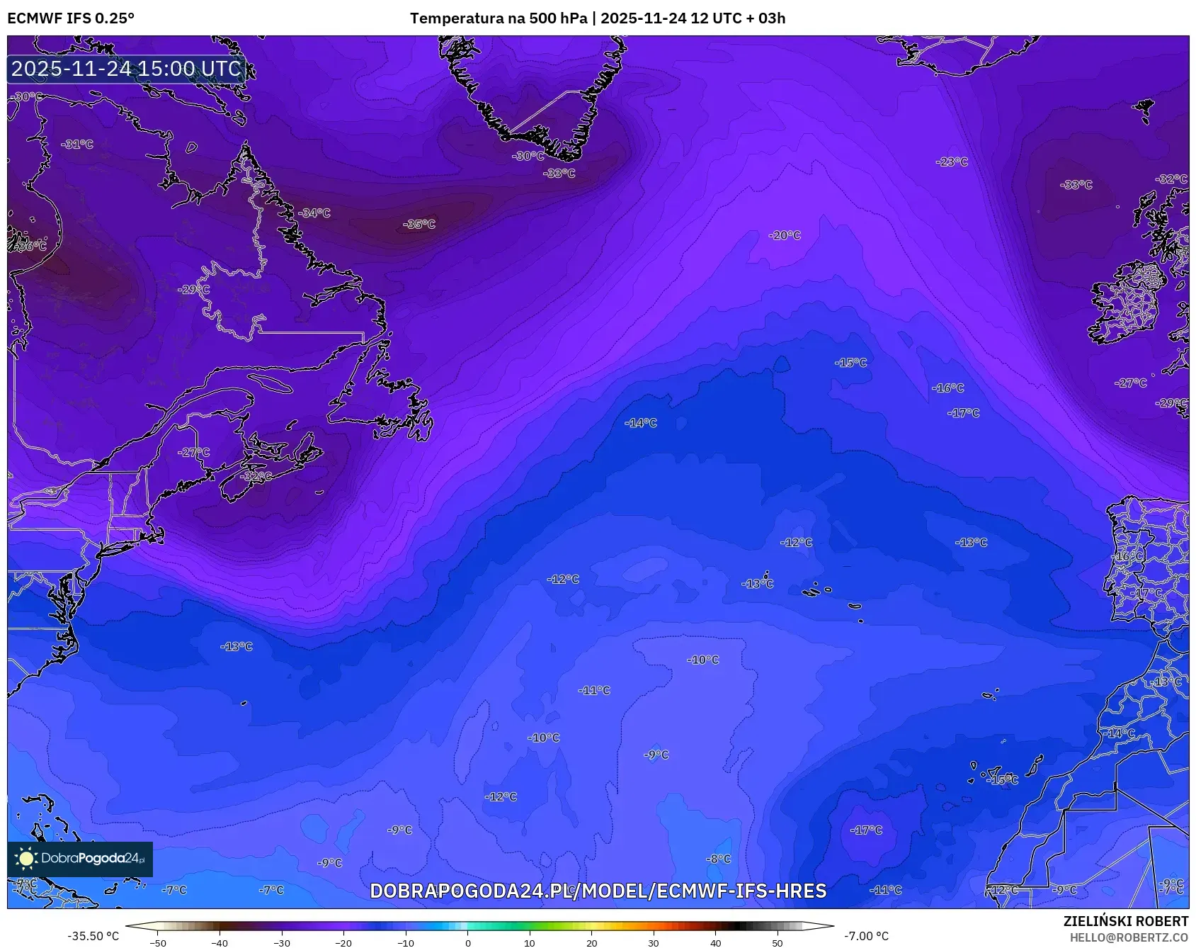 ECMWF IFS 0.25° model - Atlantyk Północny, Temperatura na 500 hPa