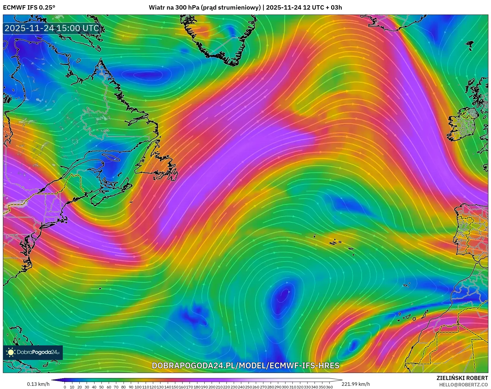 ECMWF IFS 0.25° model - Atlantyk Północny, Wiatr na 300 hPa (prąd strumieniowy)