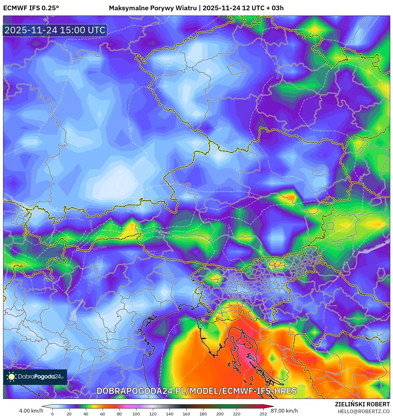 ECMWF IFS 0.25° model - Austria, Maksymalne Porywy Wiatru