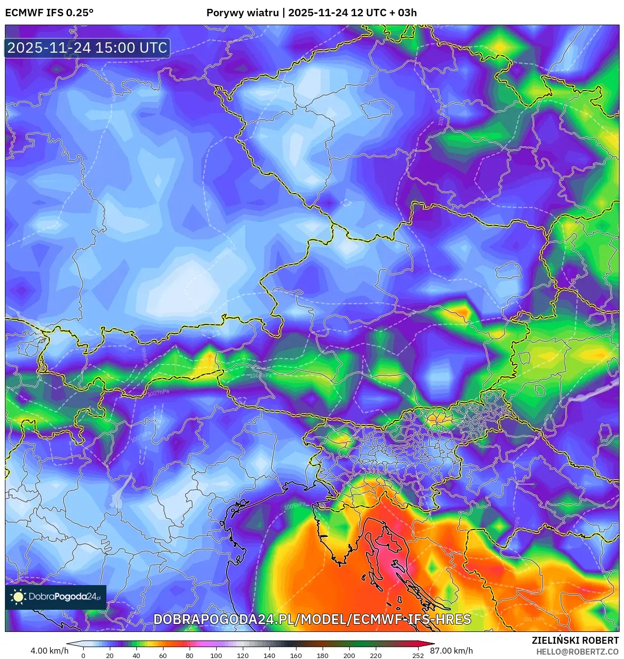 ECMWF IFS 0.25° model - Austria, Porywy wiatru