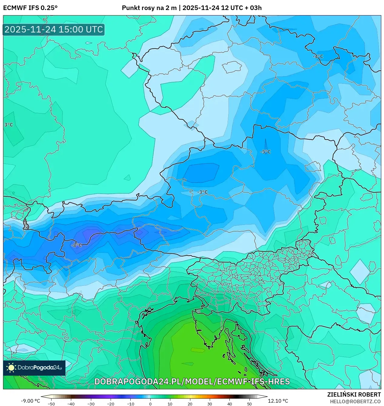 ECMWF IFS 0.25° model - Austria, Punkt rosy na 2 m