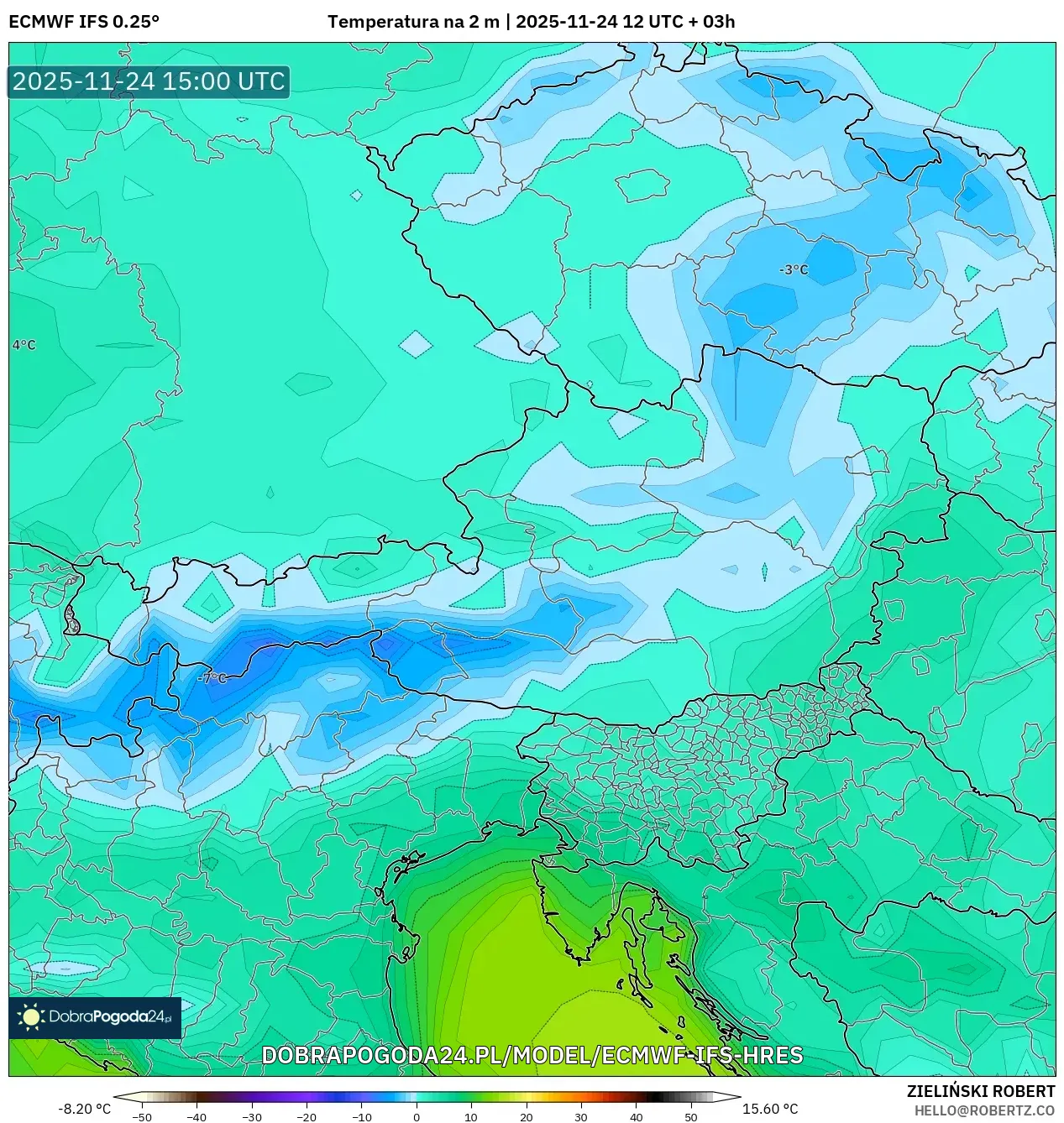ECMWF IFS 0.25° model - Austria, Temperatura na 2 m
