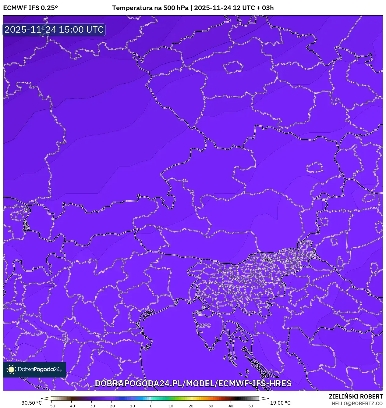 ECMWF IFS 0.25° model - Austria, Temperatura na 500 hPa