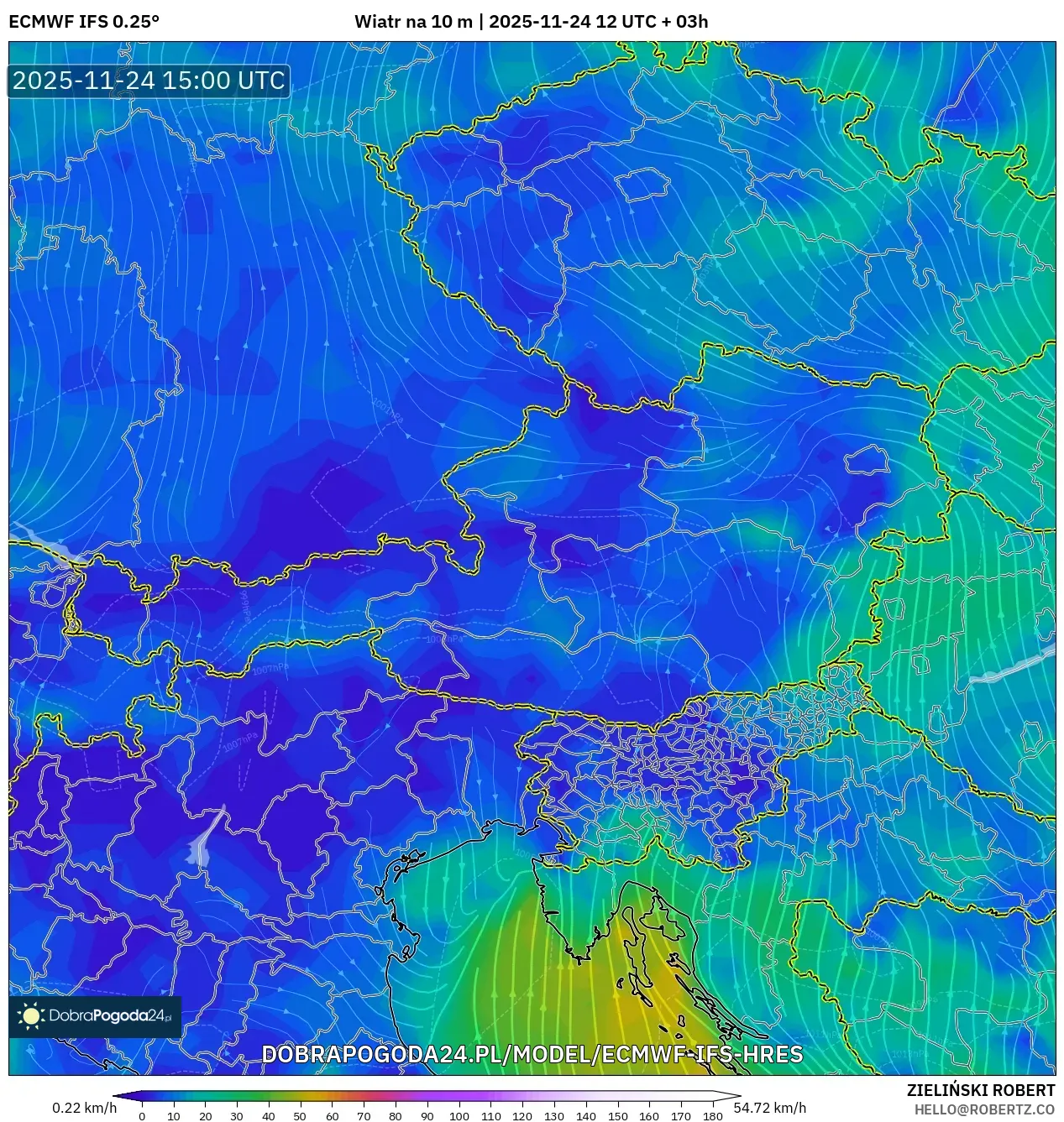 ECMWF IFS 0.25° model - Austria, Wiatr na 10 m