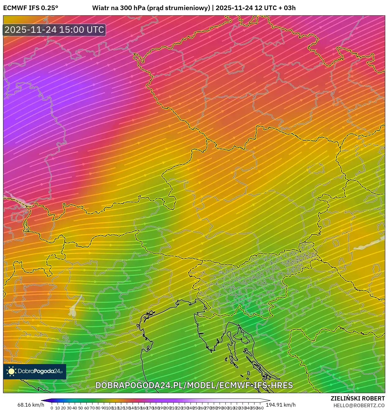 ECMWF IFS 0.25° model - Austria, Wiatr na 300 hPa (prąd strumieniowy)