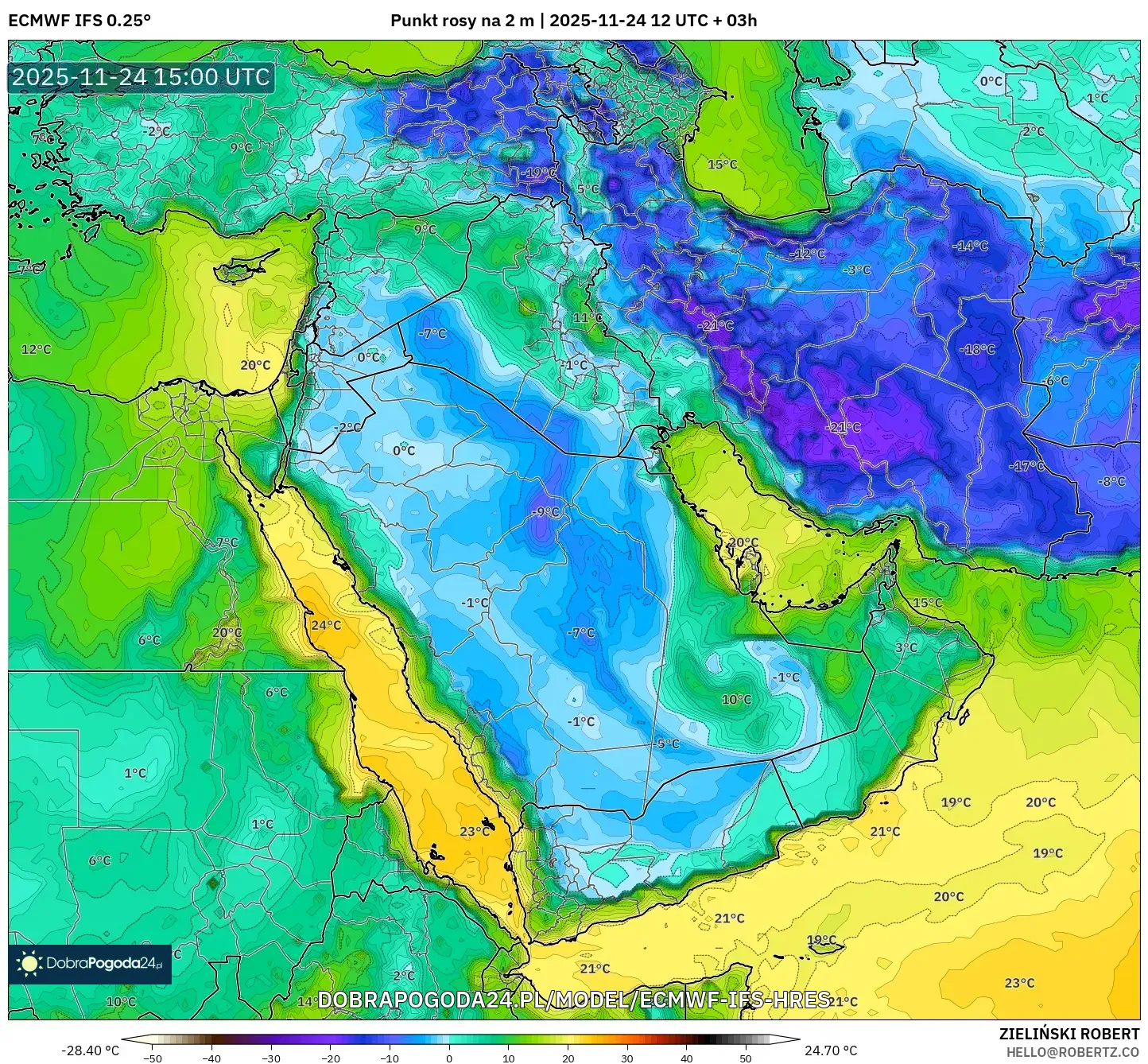 ECMWF IFS 0.25° model - Bliski Wschód, Punkt rosy na 2 m