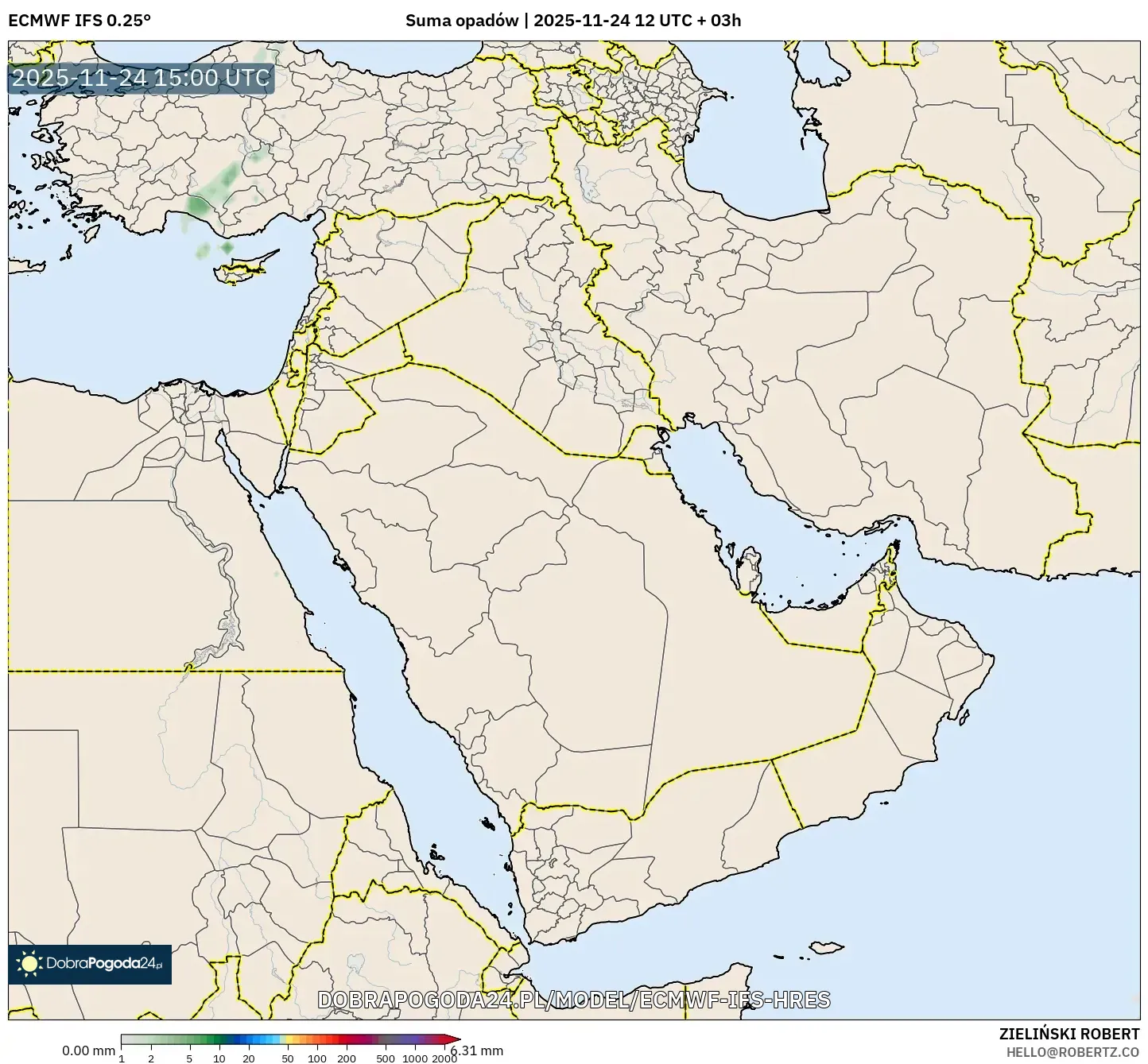 ECMWF IFS 0.25° model - Bliski Wschód, Suma opadów