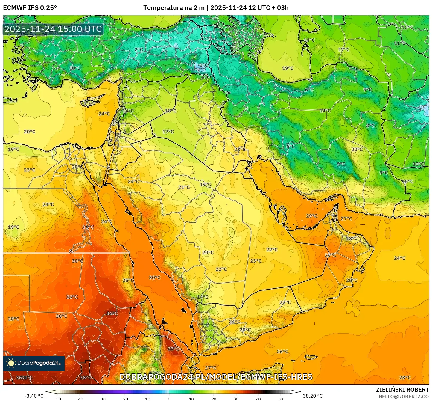 ECMWF IFS 0.25° model - Bliski Wschód, Temperatura na 2 m