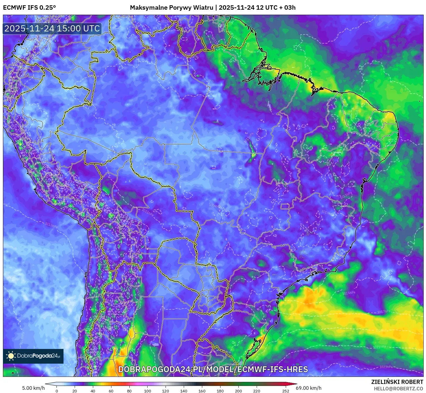 ECMWF IFS 0.25° model - Brazylia, Maksymalne Porywy Wiatru