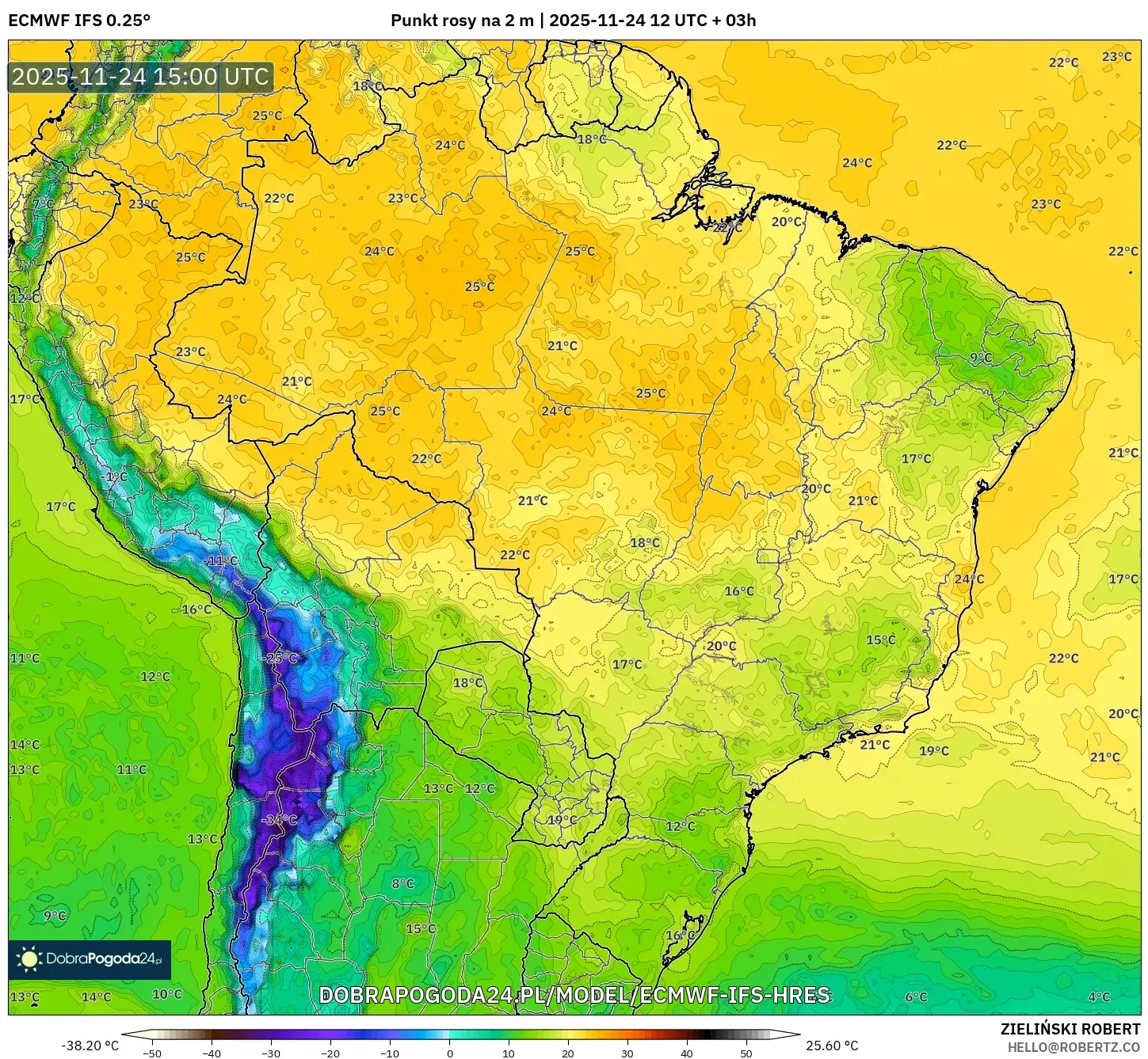 ECMWF IFS 0.25° model - Brazylia, Punkt rosy na 2 m