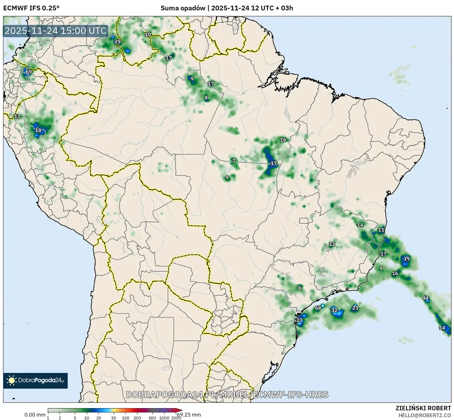 ECMWF IFS 0.25° model - Brazylia, Suma opadów
