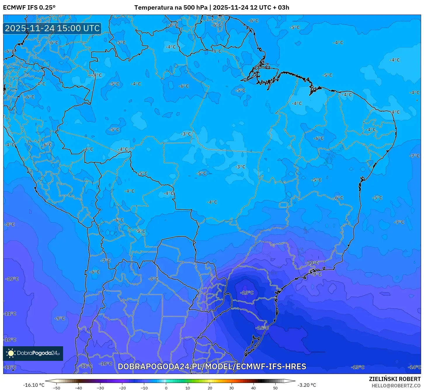 ECMWF IFS 0.25° model - Brazylia, Temperatura na 500 hPa