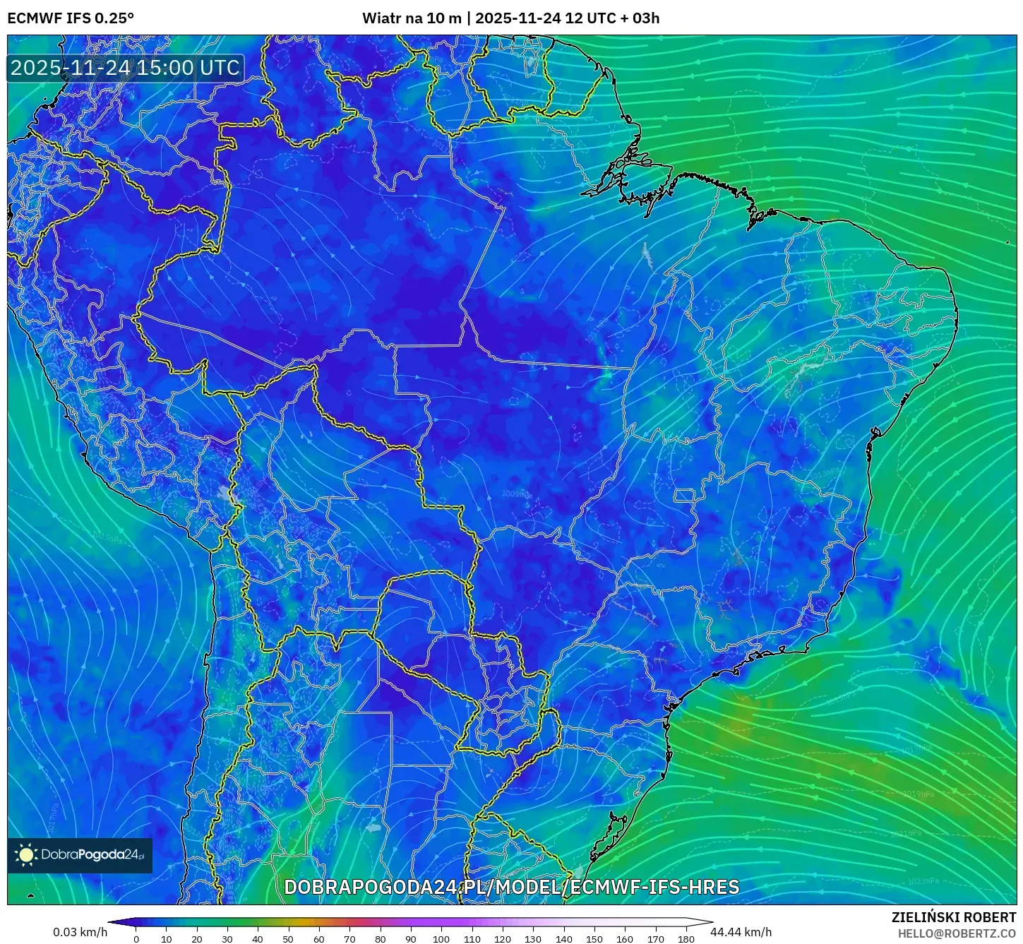 ECMWF IFS 0.25° model - Brazylia, Wiatr na 10 m