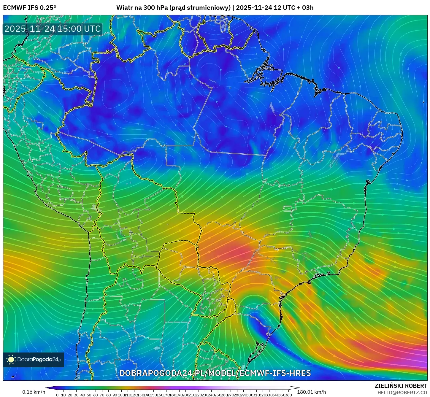 ECMWF IFS 0.25° model - Brazylia, Wiatr na 300 hPa (prąd strumieniowy)