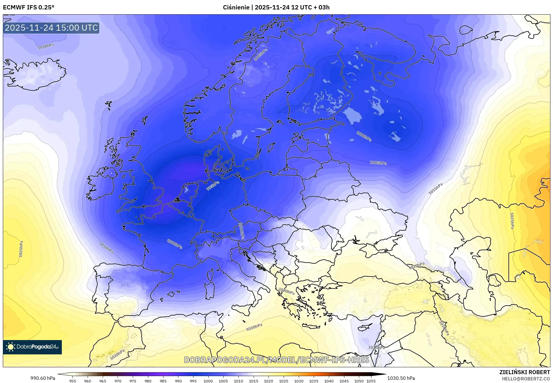 ECMWF IFS 0.25° model - Europa, Ciśnienie