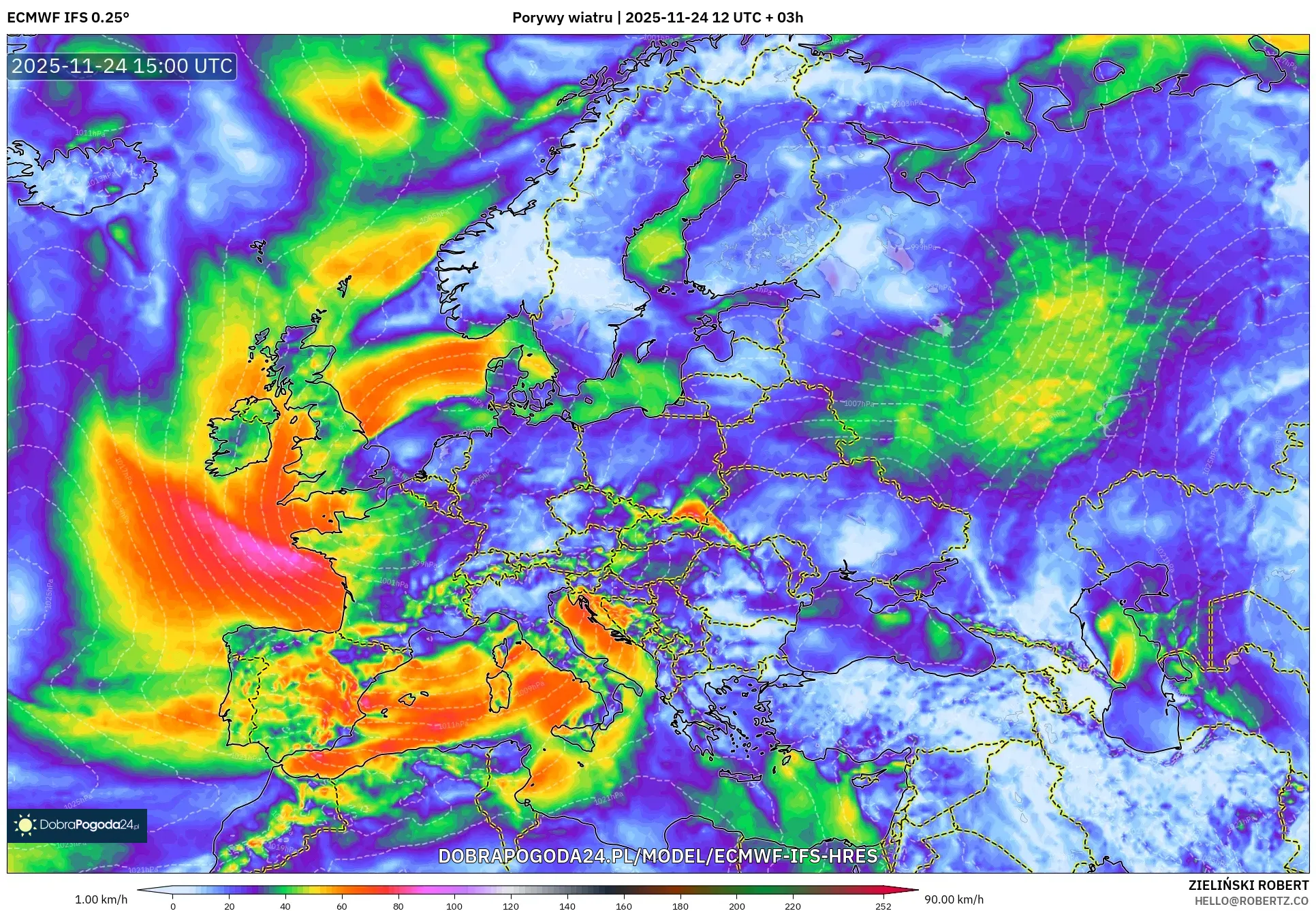 ECMWF IFS 0.25° model - Europa, Porywy wiatru