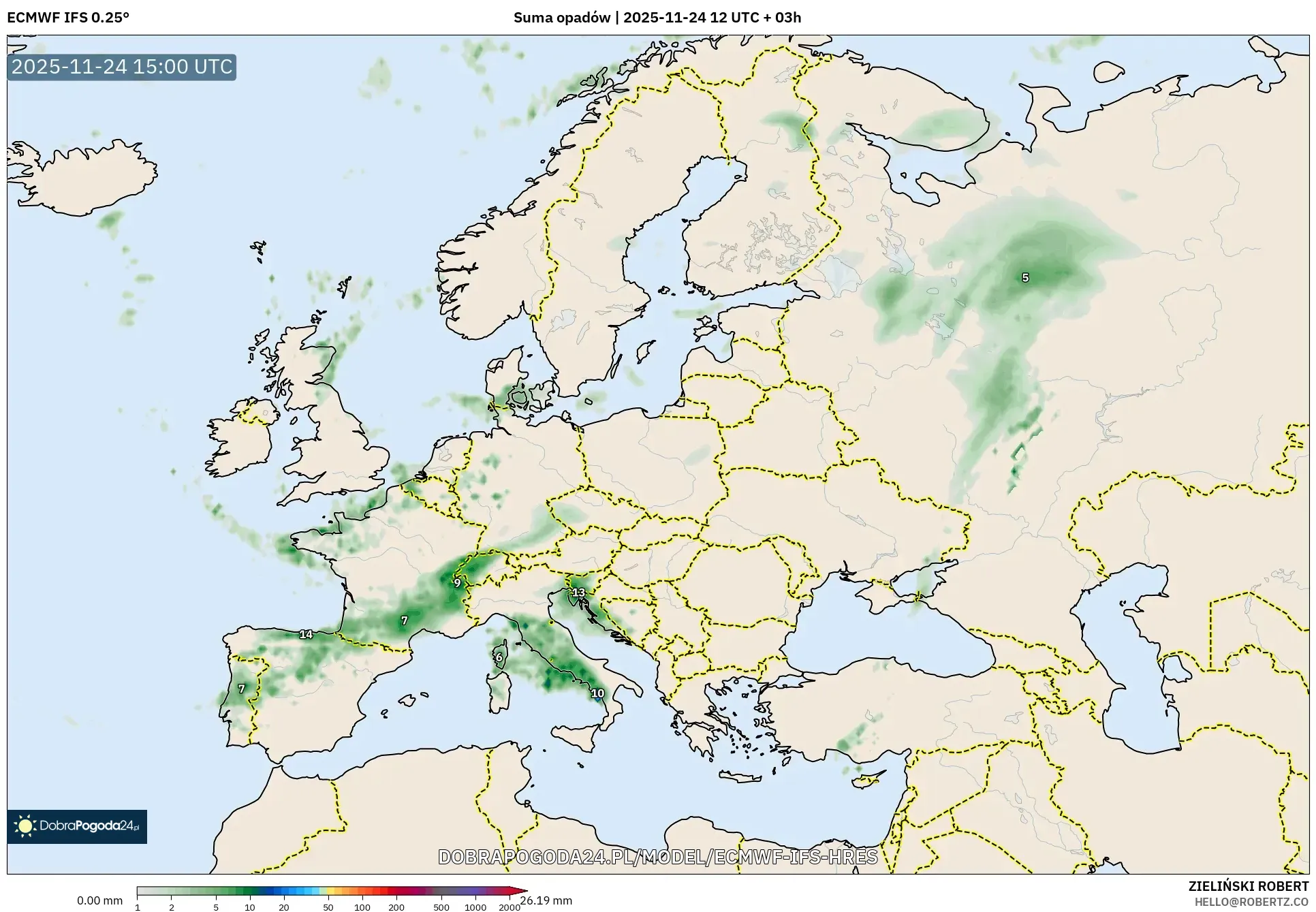 ECMWF IFS 0.25° model - Europa, Suma opadów