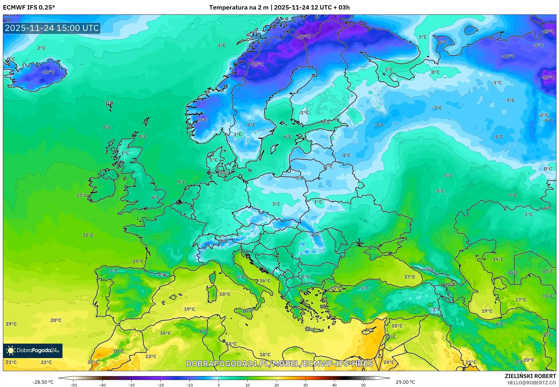ECMWF IFS 0.25° model - Europa, Temperatura na 2 m