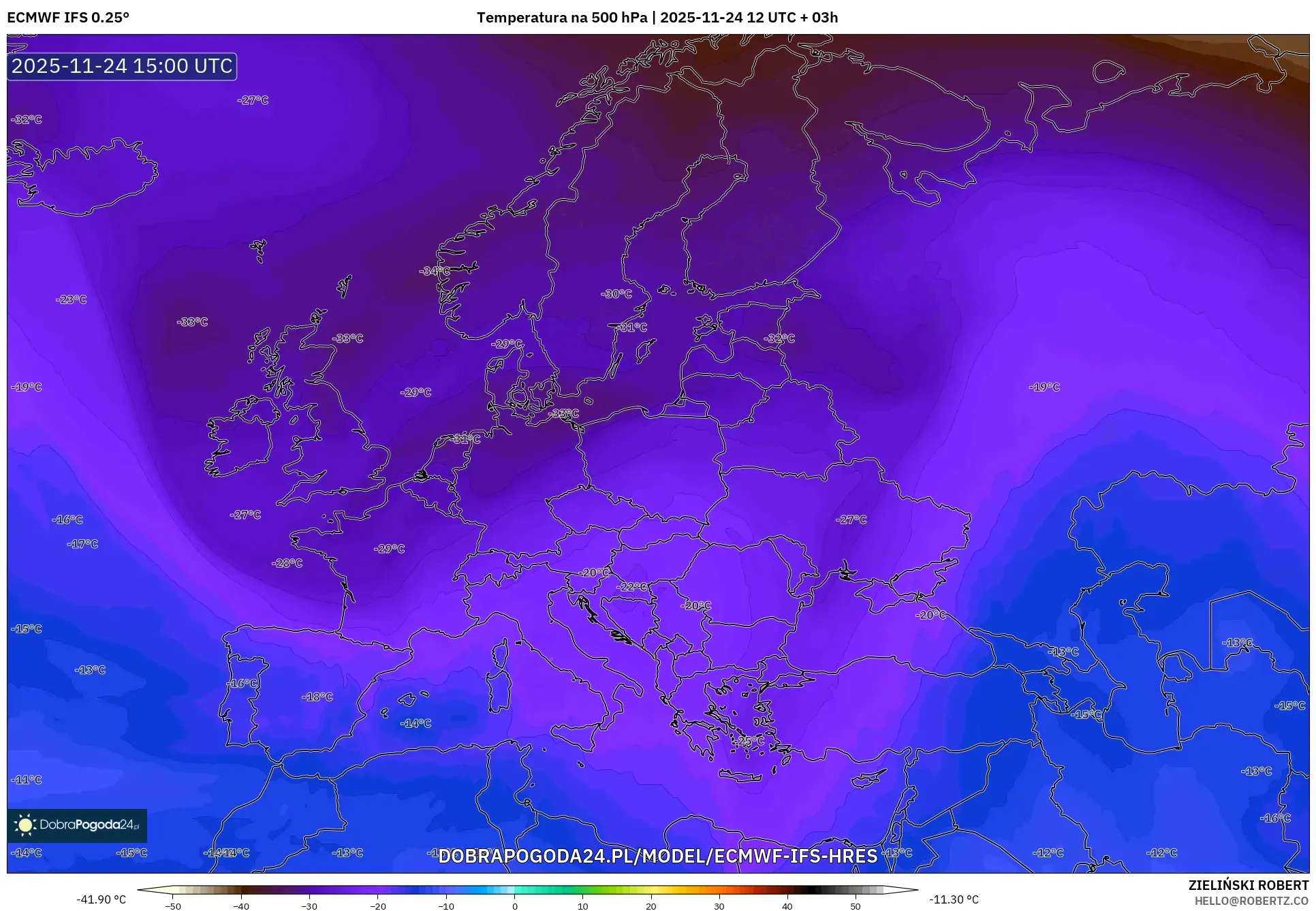 ECMWF IFS 0.25° model - Europa, Temperatura na 500 hPa