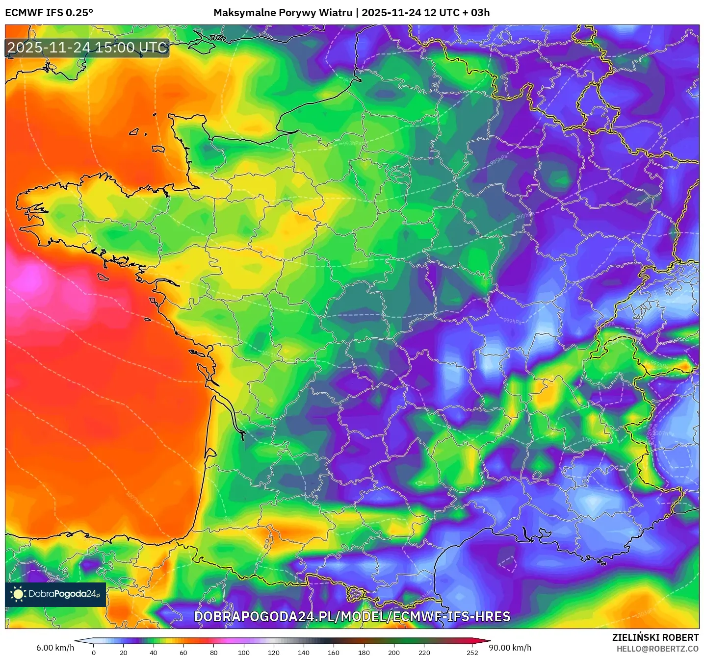 ECMWF IFS 0.25° model - Francja, Maksymalne Porywy Wiatru