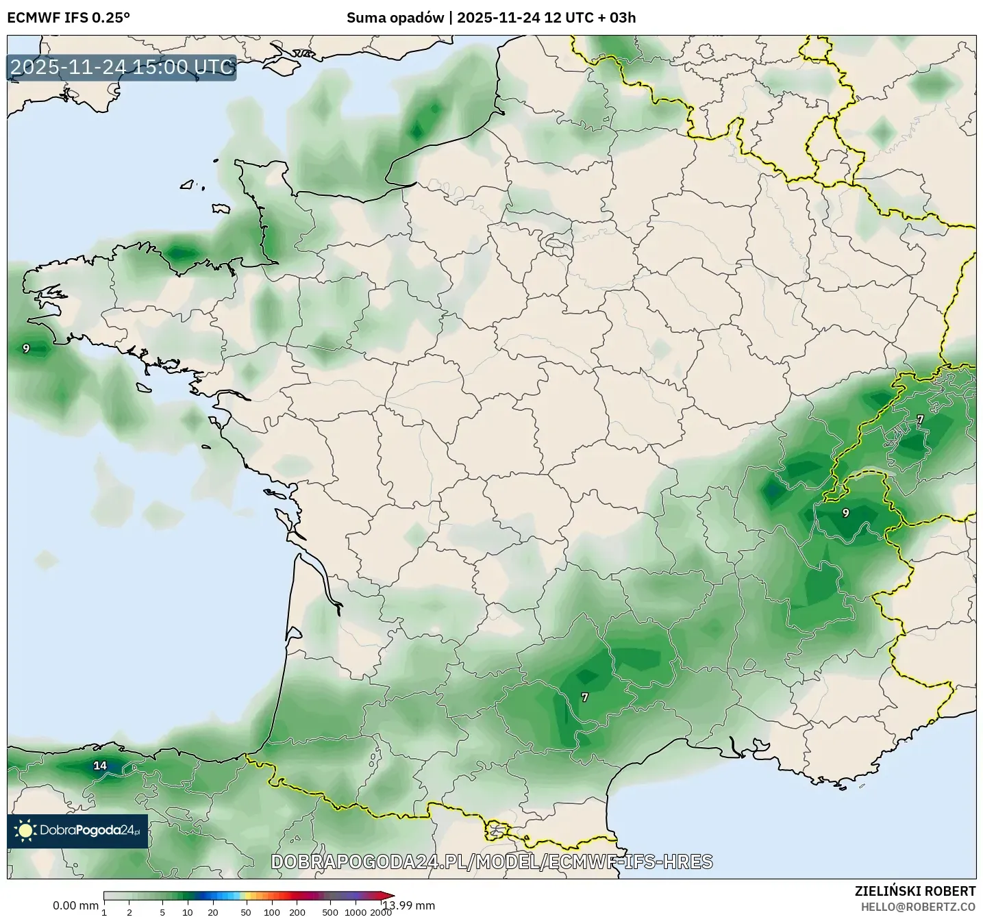 ECMWF IFS 0.25° model - Francja, Suma opadów