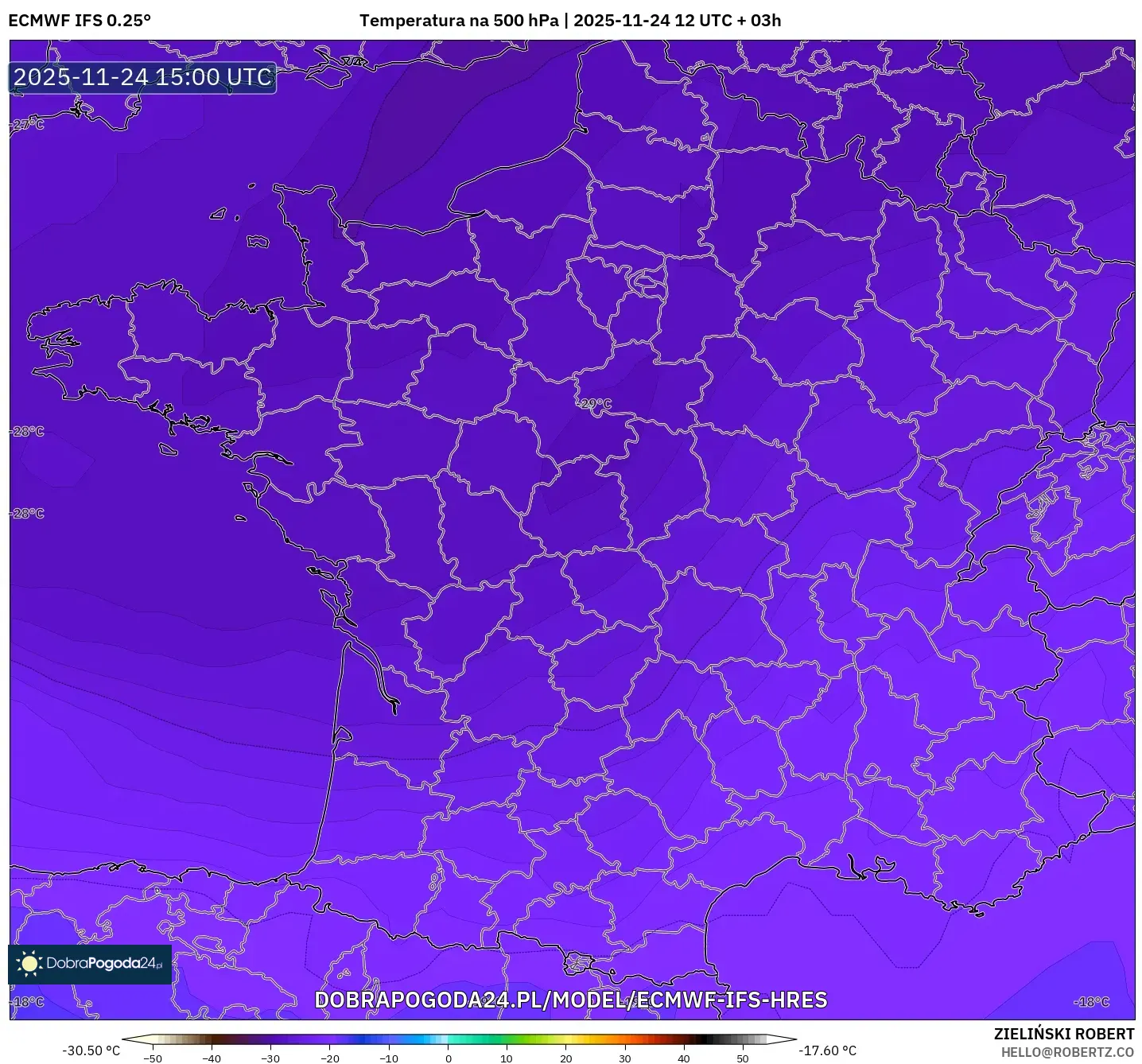 ECMWF IFS 0.25° model - Francja, Temperatura na 500 hPa