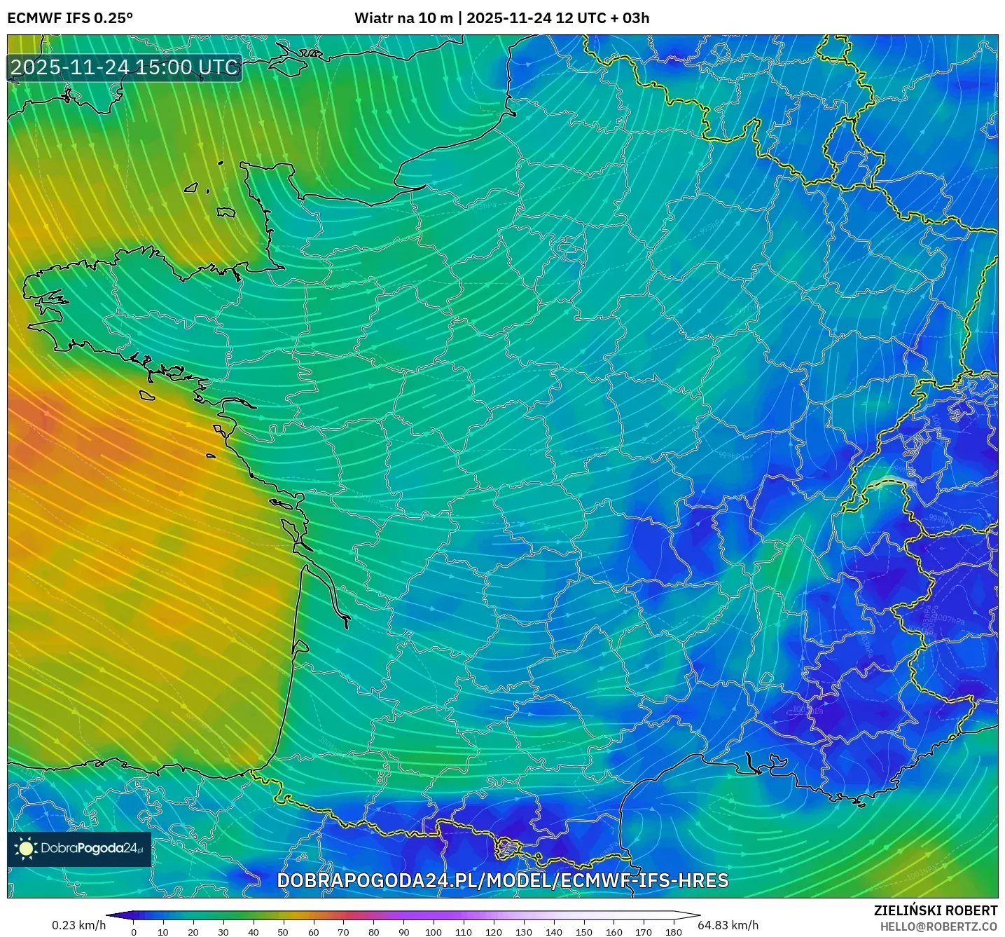 ECMWF IFS 0.25° model - Francja, Wiatr na 10 m