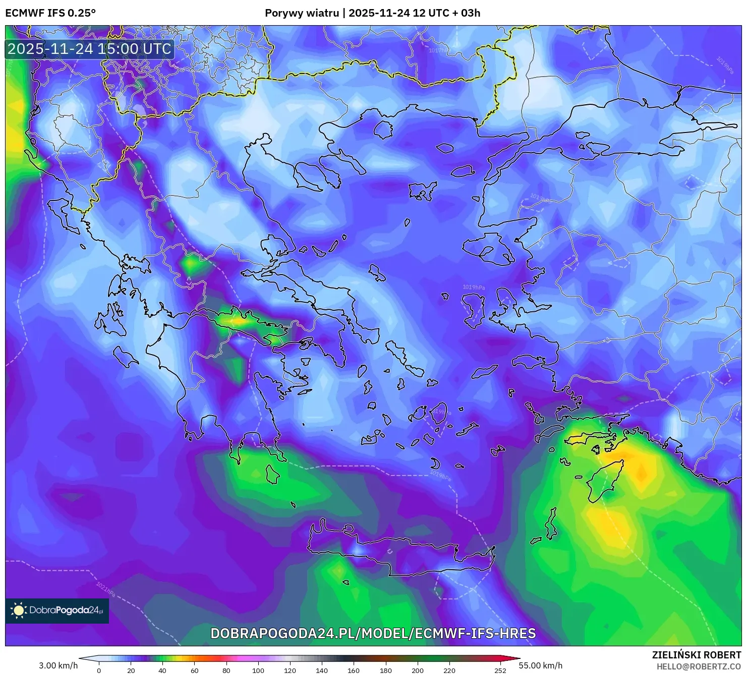 ECMWF IFS 0.25° model - Grecja, Porywy wiatru