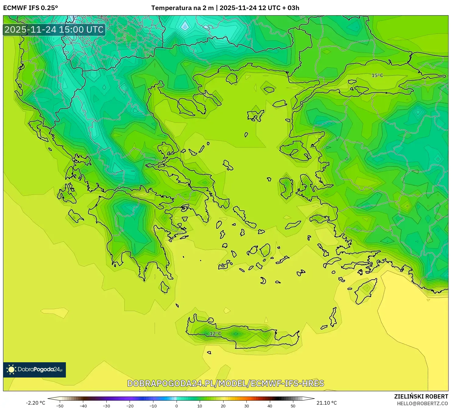 ECMWF IFS 0.25° model - Grecja, Temperatura na 2 m