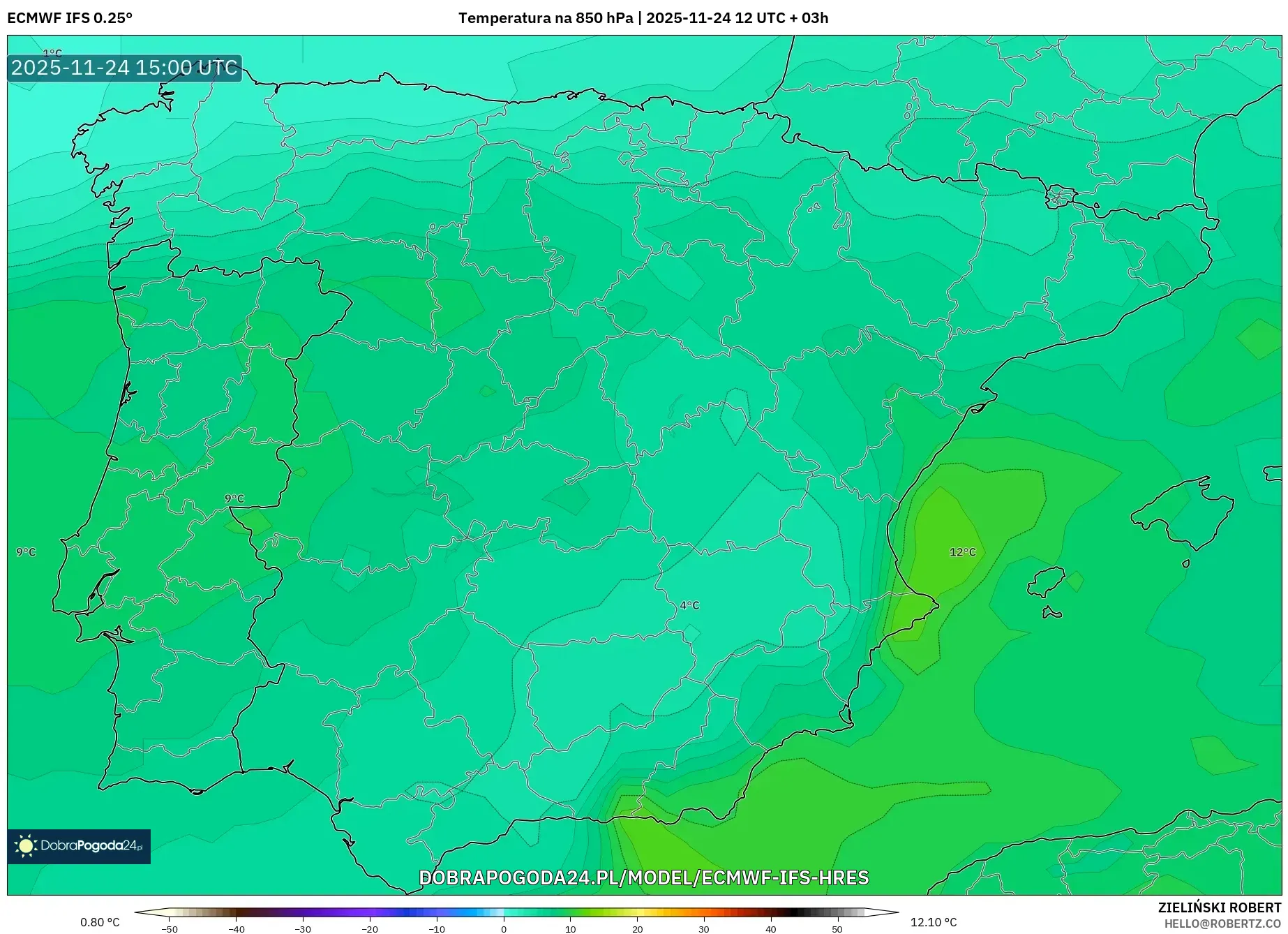 ECMWF IFS 0.25° model - Hiszpania, Temperatura na 850 hPa