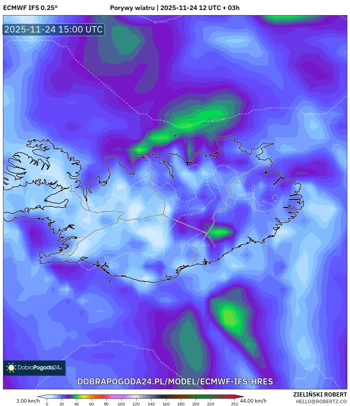 ECMWF IFS 0.25° model - Islandia, Porywy wiatru