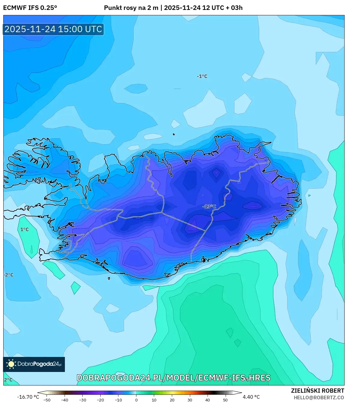 ECMWF IFS 0.25° model - Islandia, Punkt rosy na 2 m