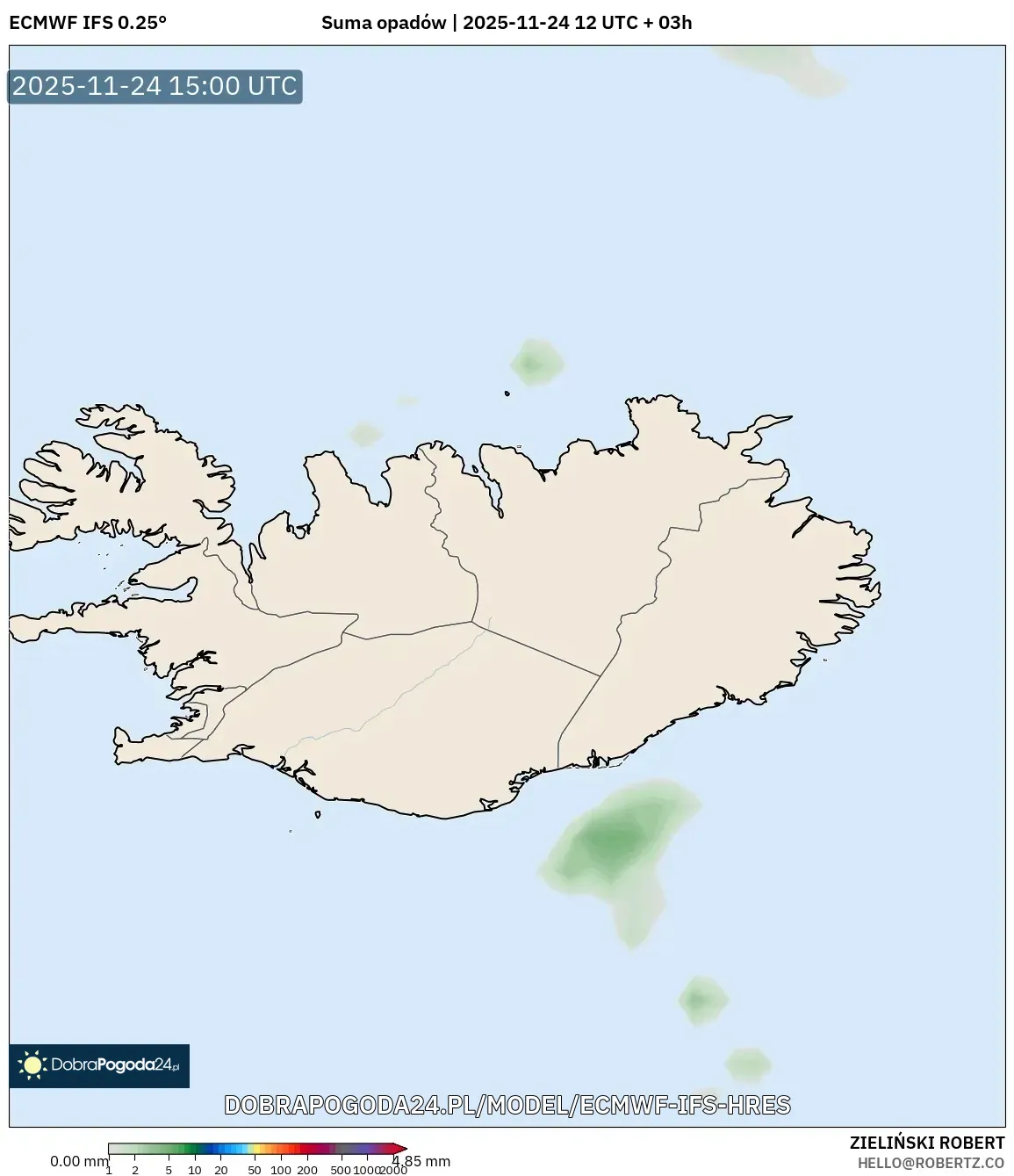ECMWF IFS 0.25° model - Islandia, Suma opadów