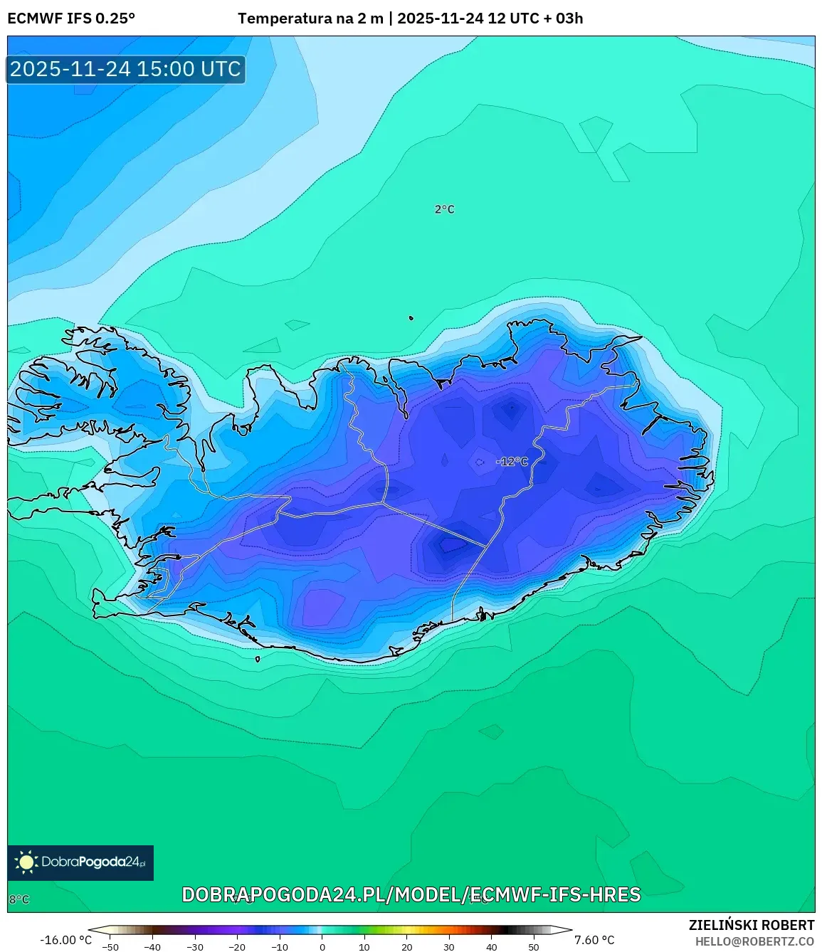 ECMWF IFS 0.25° model - Islandia, Temperatura na 2 m