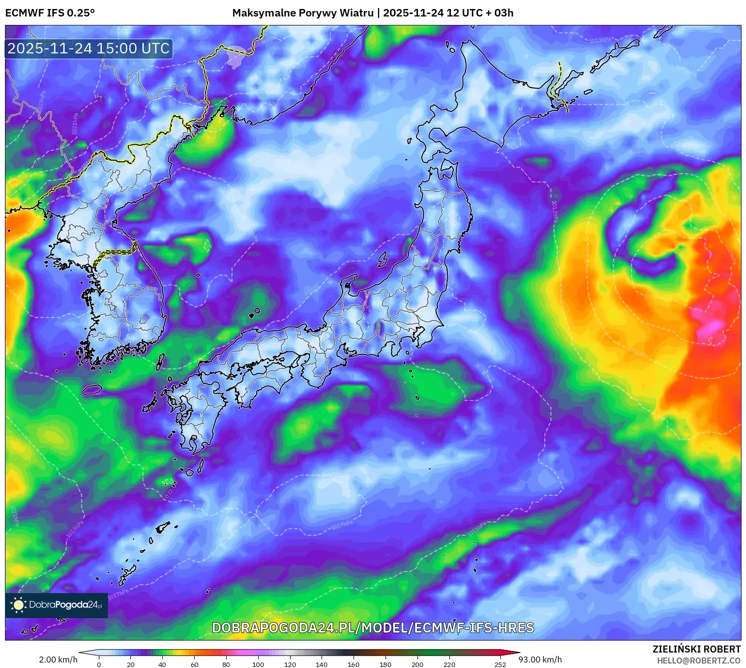 ECMWF IFS 0.25° model - Japonia, Maksymalne Porywy Wiatru