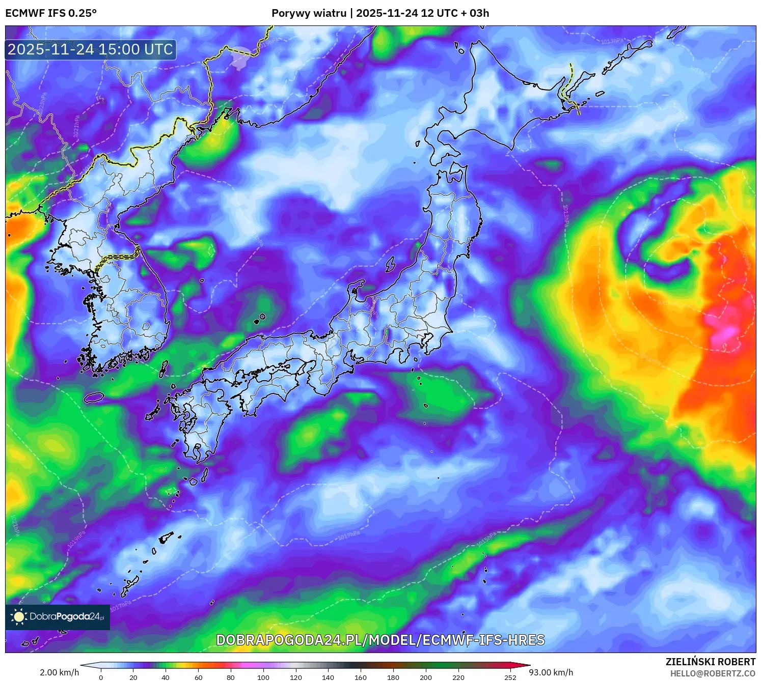 ECMWF IFS 0.25° model - Japonia, Porywy wiatru