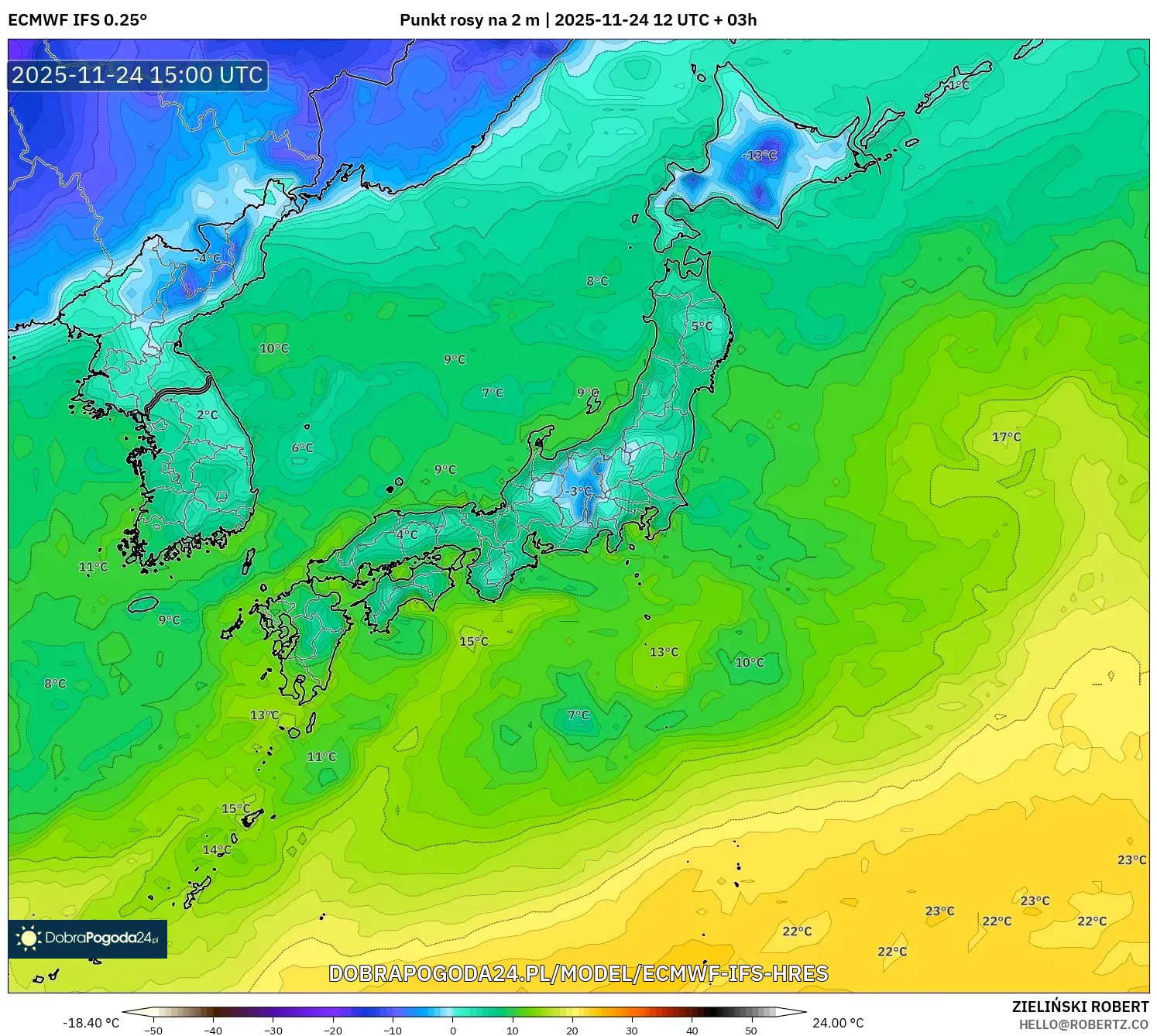 ECMWF IFS 0.25° model - Japonia, Punkt rosy na 2 m