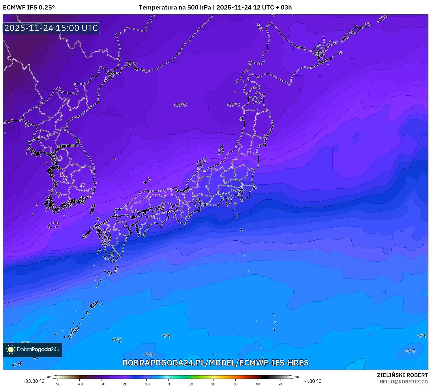 ECMWF IFS 0.25° model - Japonia, Temperatura na 500 hPa