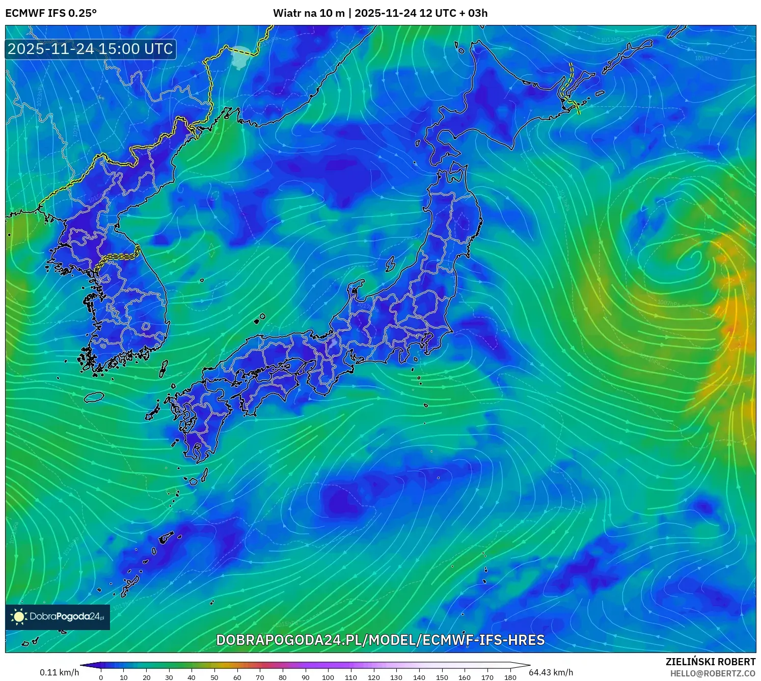 ECMWF IFS 0.25° model - Japonia, Wiatr na 10 m