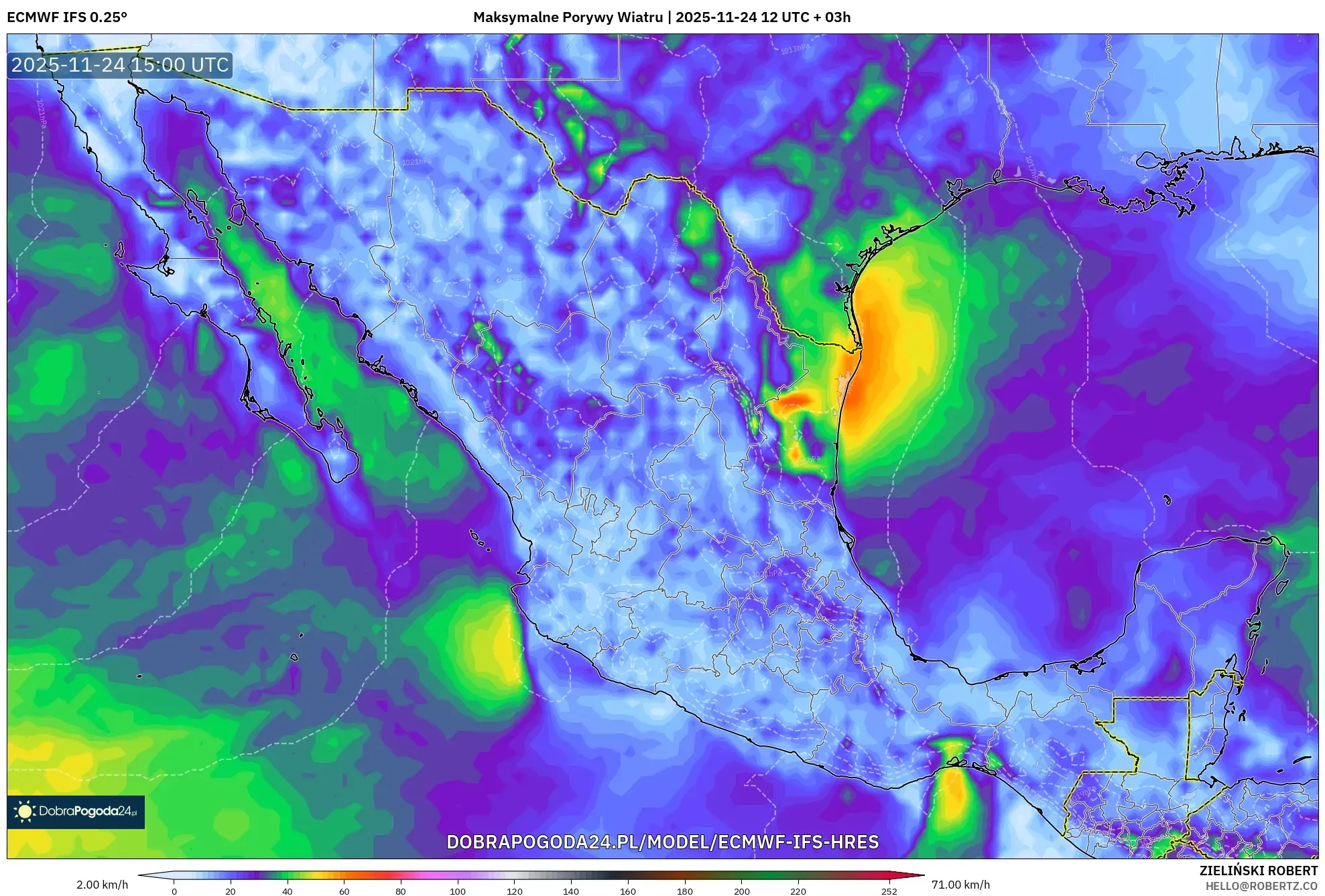 ECMWF IFS 0.25° model - Meksyk, Maksymalne Porywy Wiatru