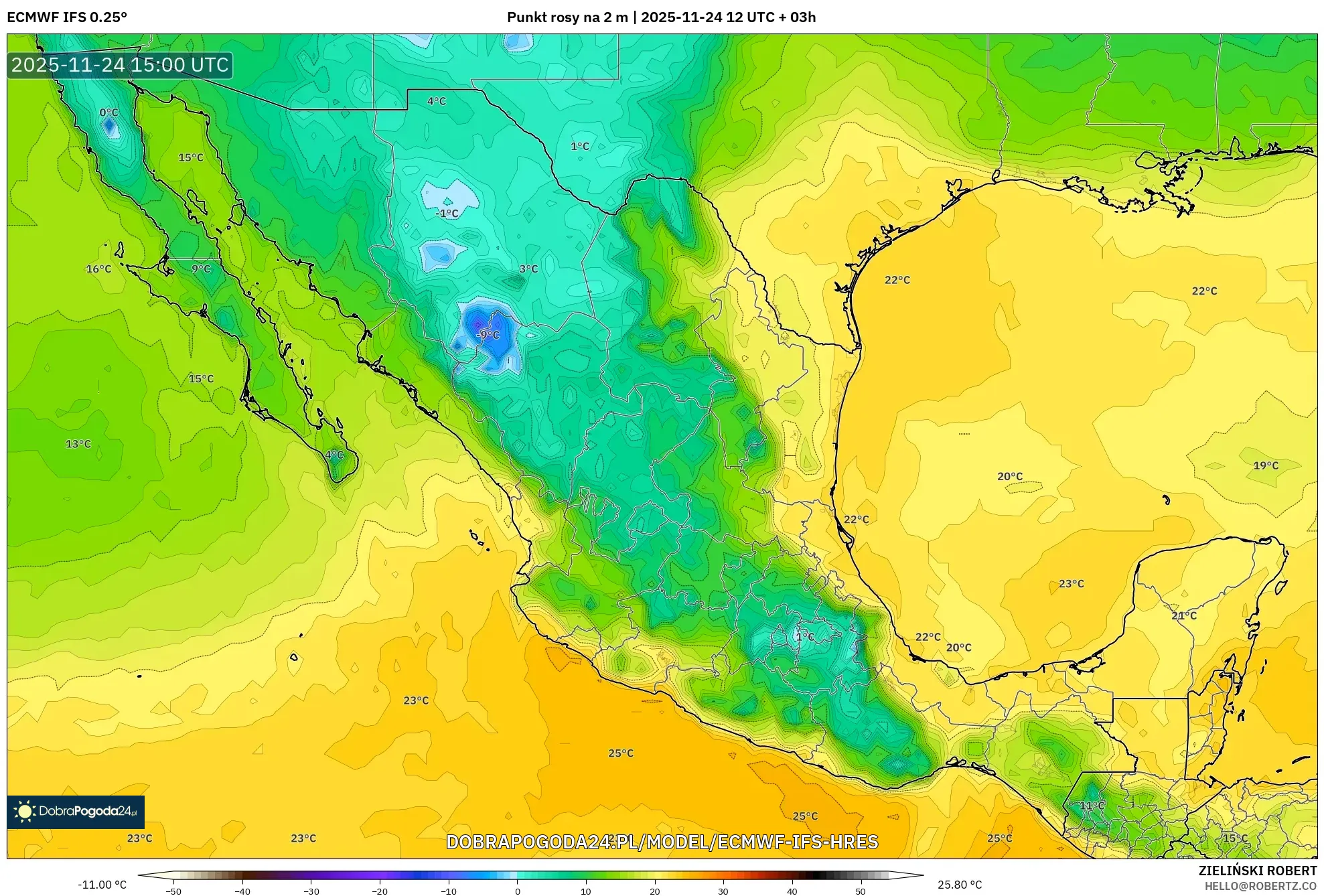 ECMWF IFS 0.25° model - Meksyk, Punkt rosy na 2 m